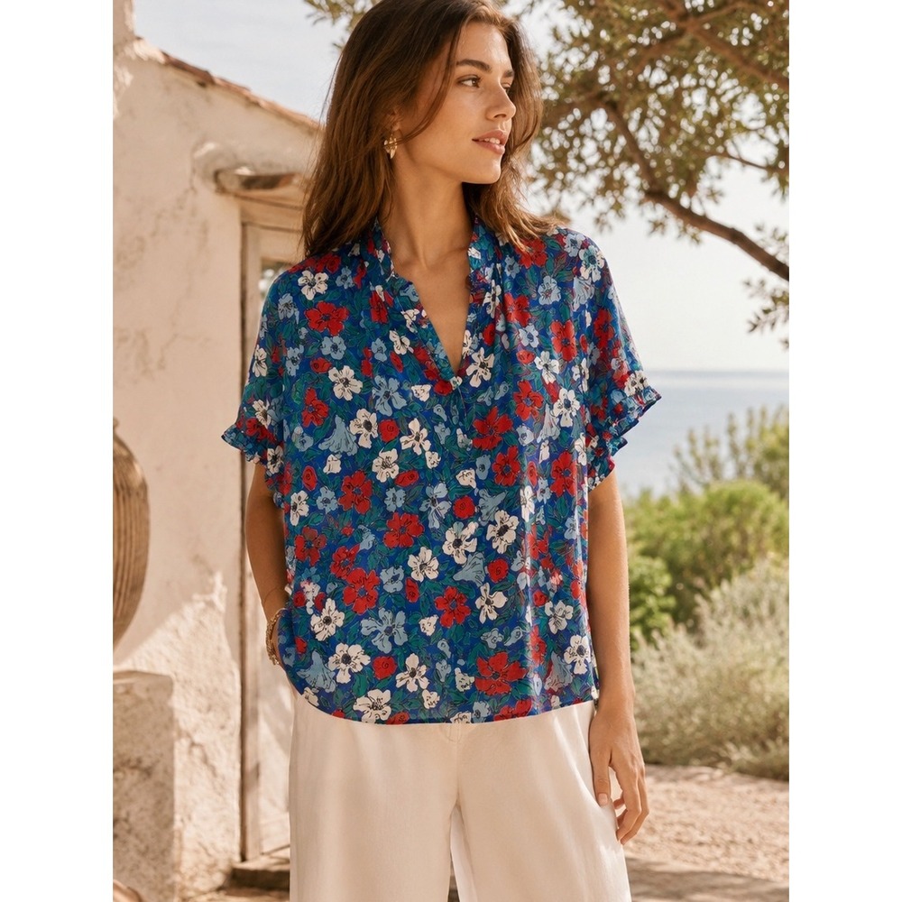Banjanan‎ Ebisu Top Medium Blue Floral Cotton Ruffle Sleeve Split Neck Blouse